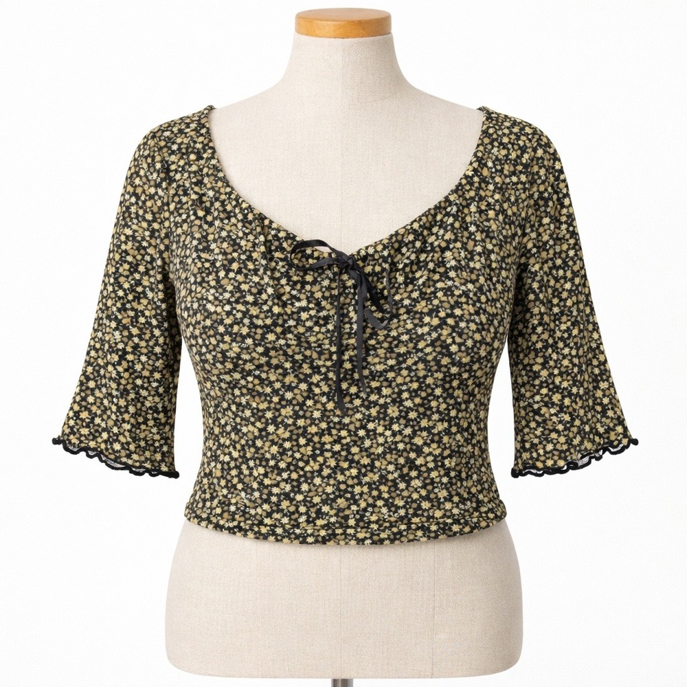 Floral Mesh Tie Front Top Size M Stretch Lettuce Hem Cottagecore Fairy Grunge